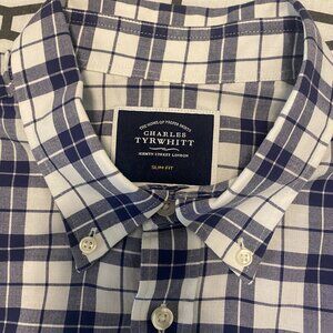 Charles Tyrwhitt Men's Slim Fit Button-Down Shirt – Blue & White Check Pattern
